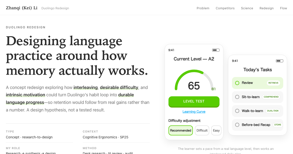 Duolingo Redesign concept study — level gauge and daily tasks phone mockups