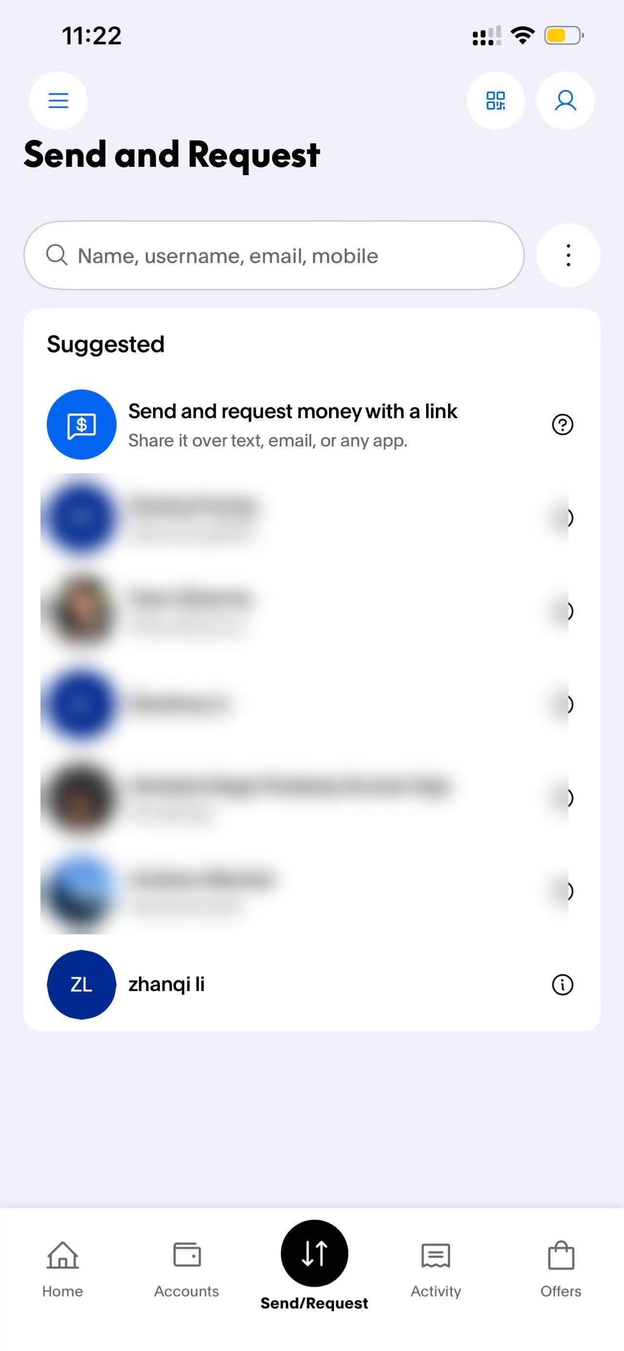 PayPal Send and Request screen