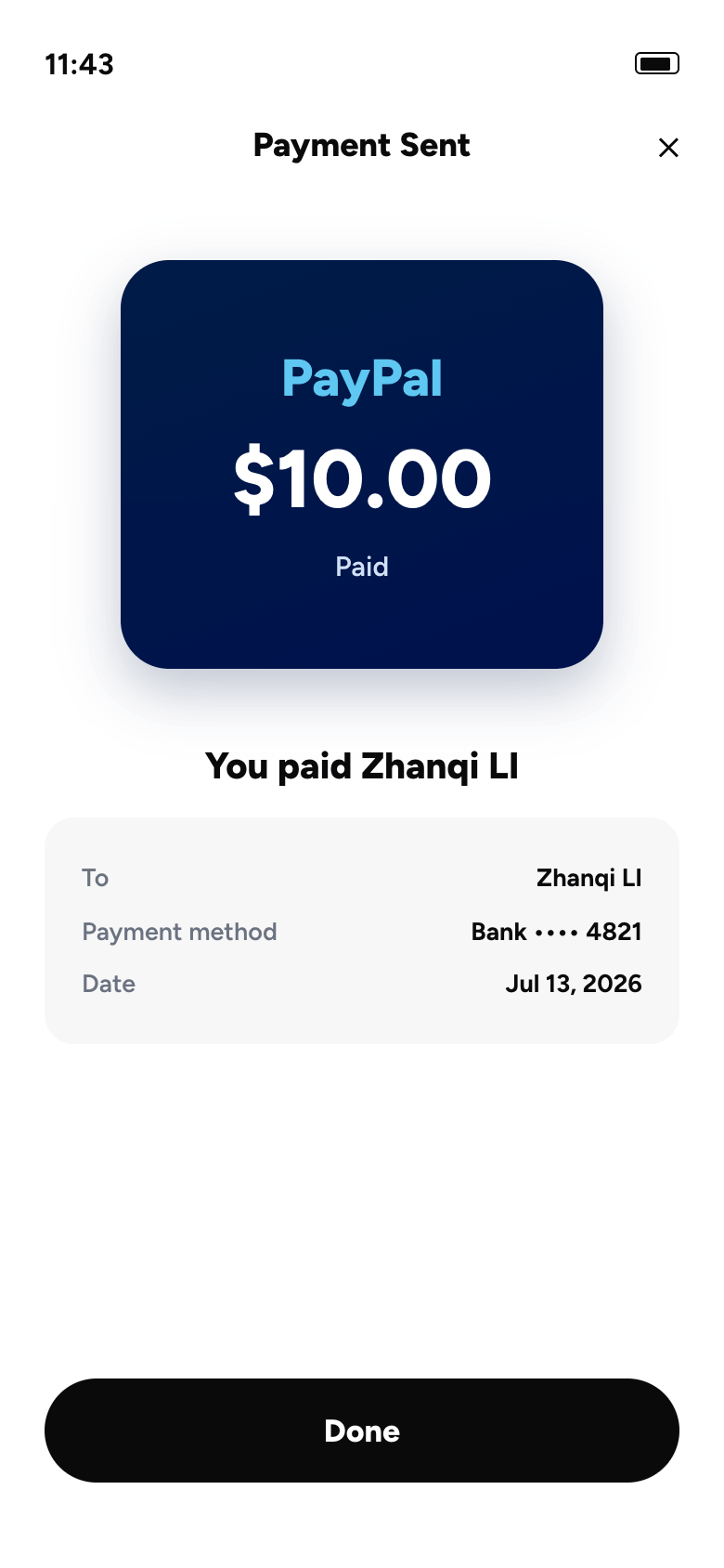 Payment sent receipt screen (reconstructed)