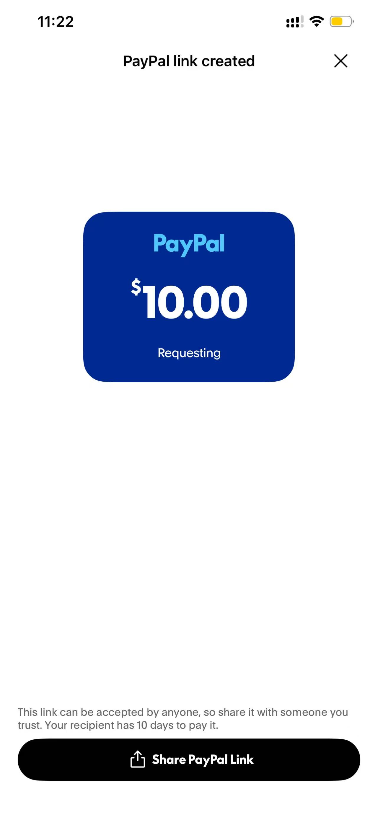 PayPal Link created for a $10.00 request, ready to share