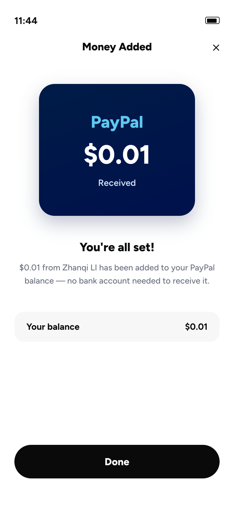 Money added to balance confirmation screen (reconstructed)